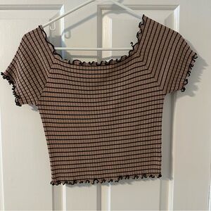 Striped Brown and Black Ruffle Trim Crop Top